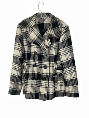 George Black & White Plaid Double Breasted Peacoat Size Medium (8-10)